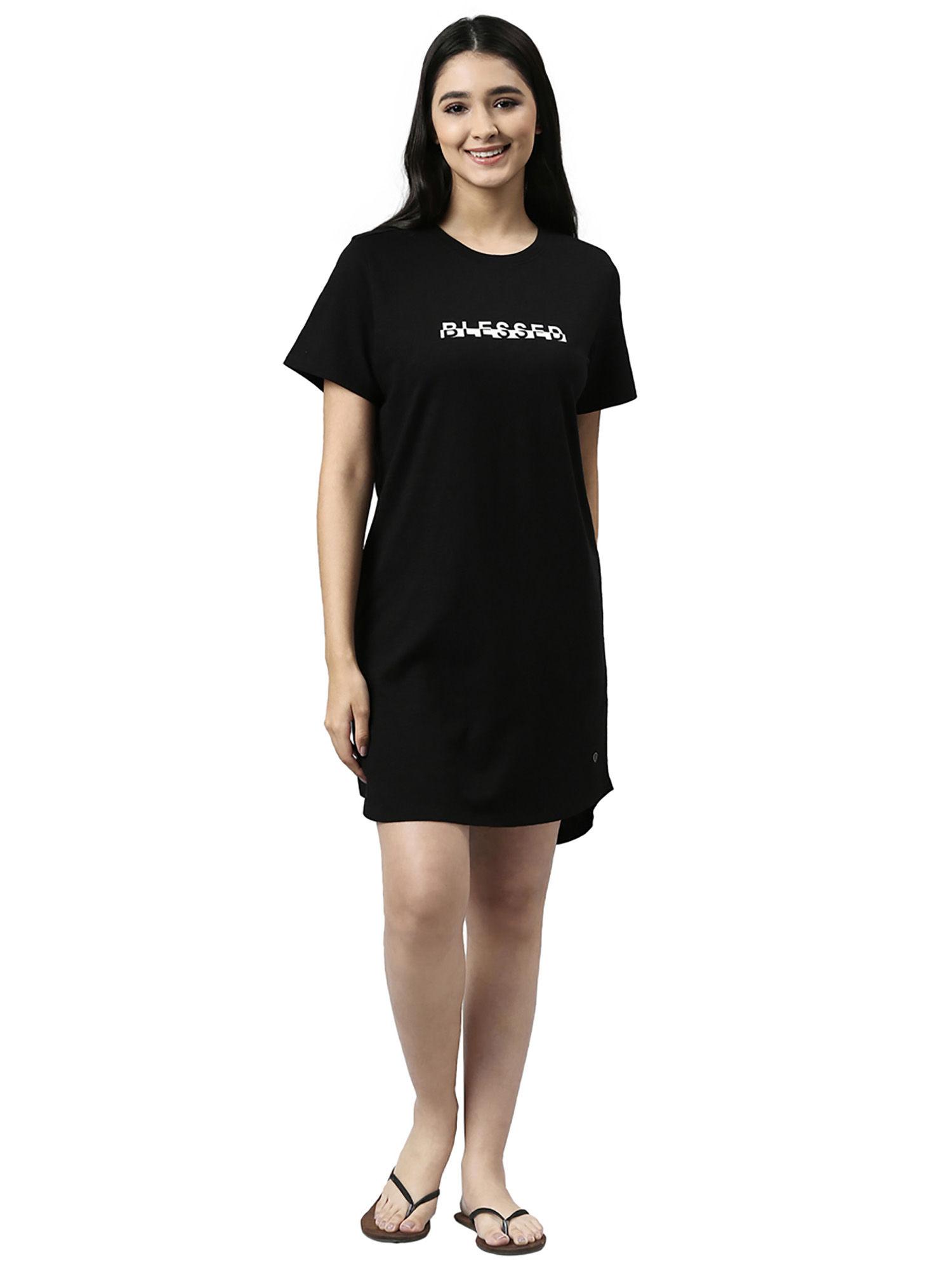 essentials womens e802- cotton short sleeve round neck mini lounge dress-jet black