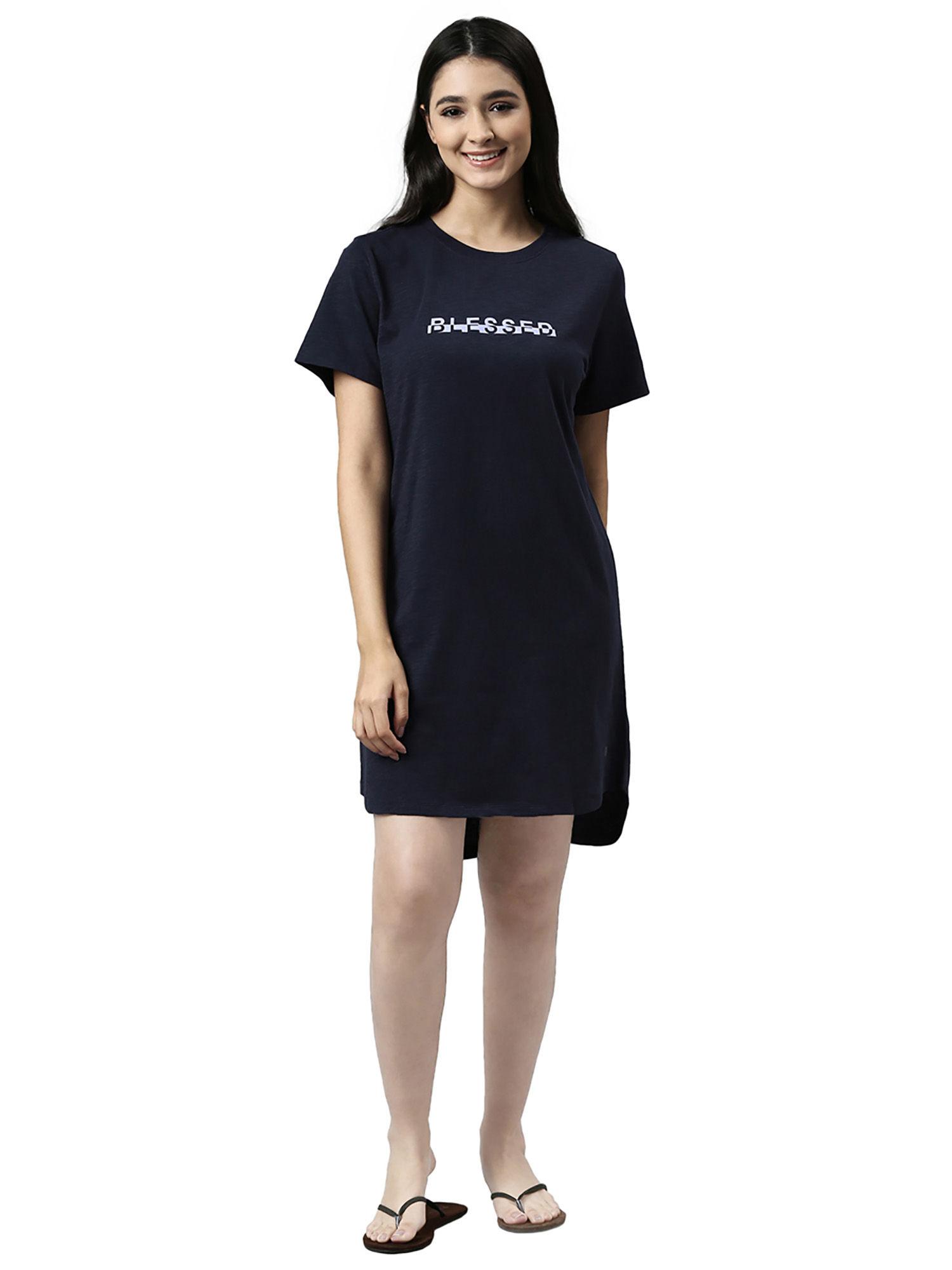 essentials womens e802- cotton short sleeve round neck mini lounge dress-navy