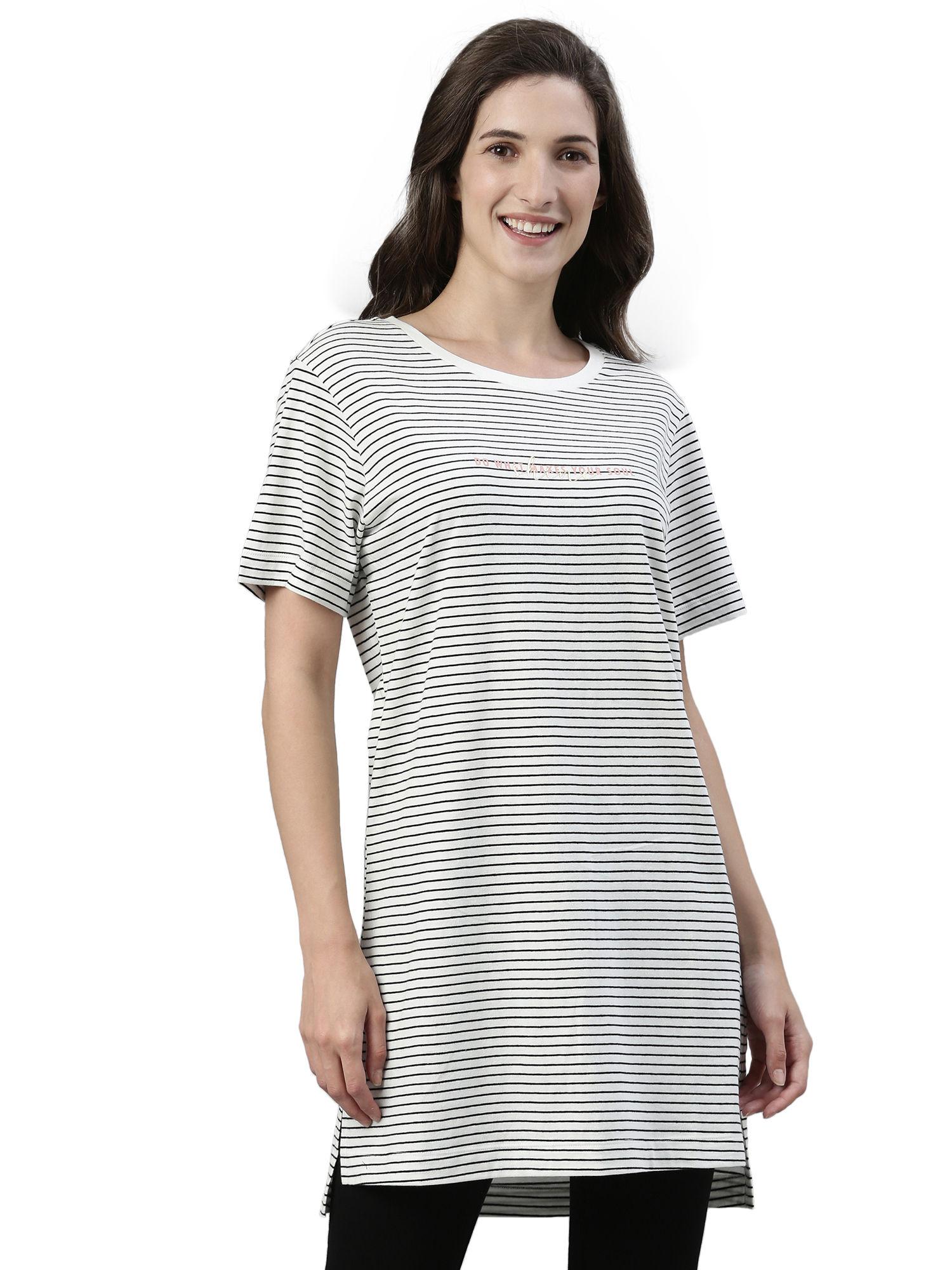 essentials womens ea61-crew neck striped tunic tee with side slit - multi-color