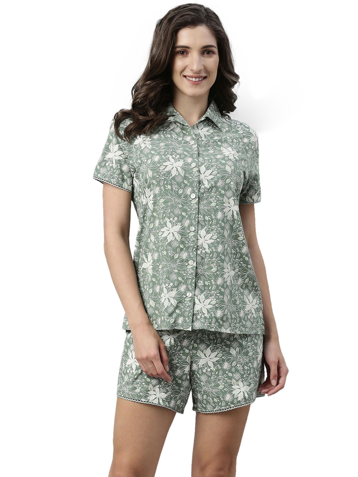 essentials womens ec13- short sleeve printed shirt and mid rise shorts set