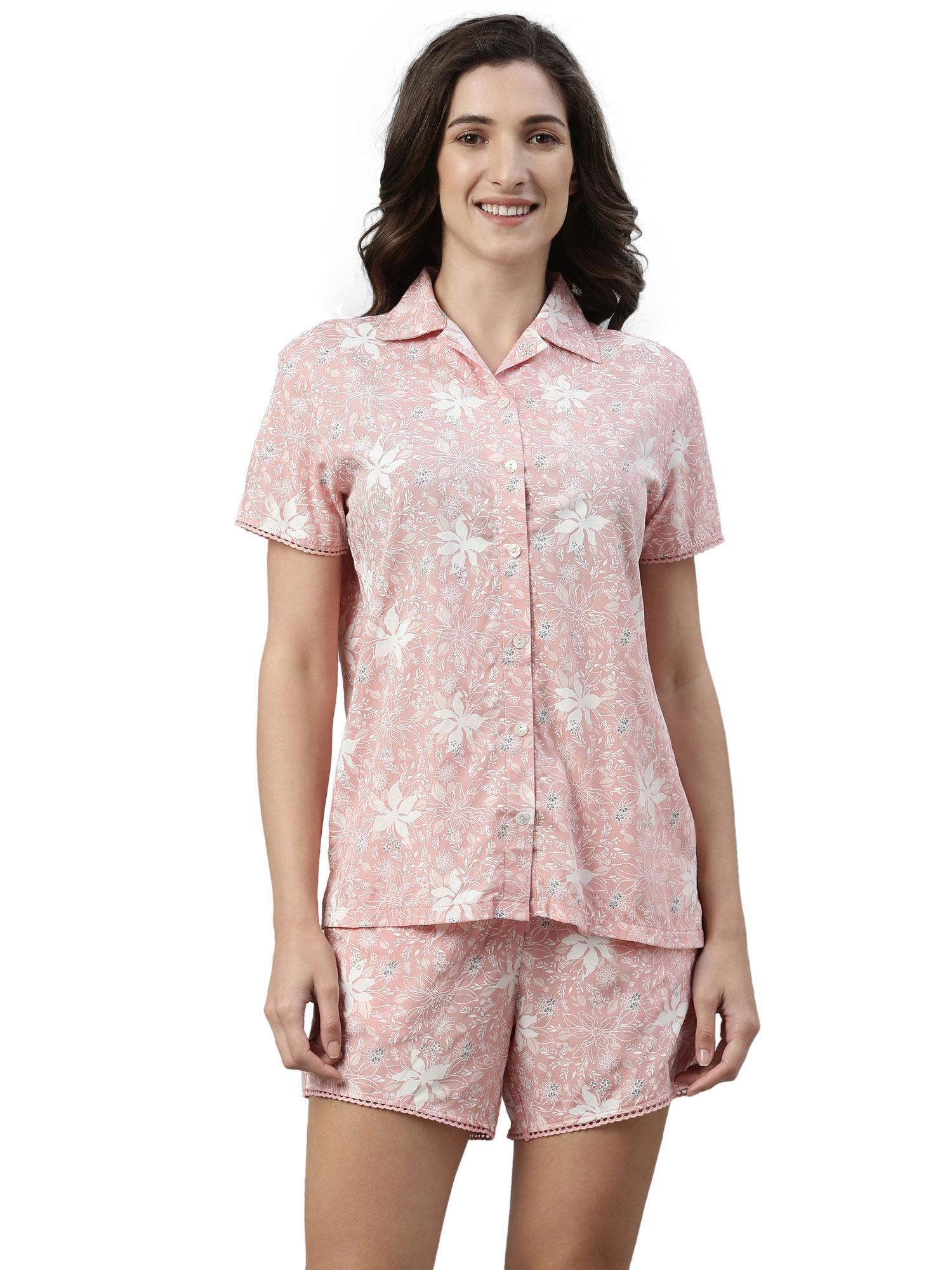 essentials womens ec13- short sleeve printed shirt and mid rise shorts set