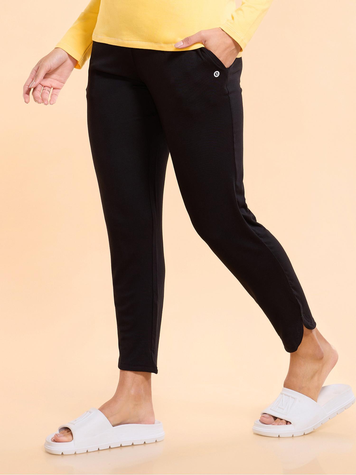 essentials womens solid e048-mid rise 7/8th relaxed fit lounge pants - black