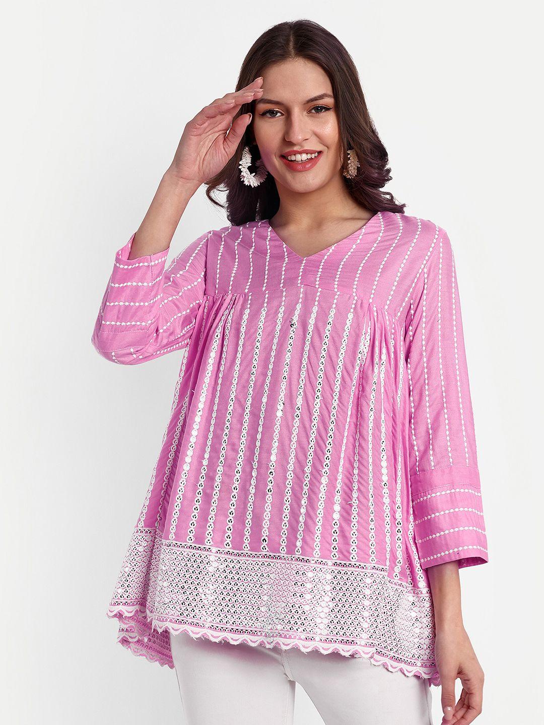 essque embellished round neck gathered sequined cotton a-line top