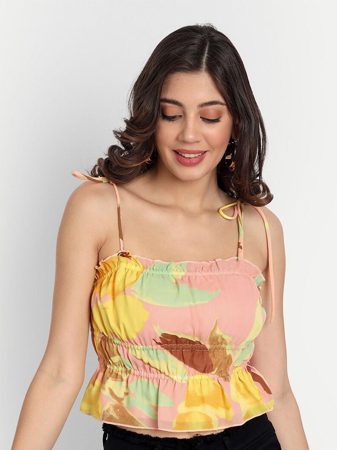 essque peach-coloured & yellow floral print georgette cinched waist crop top