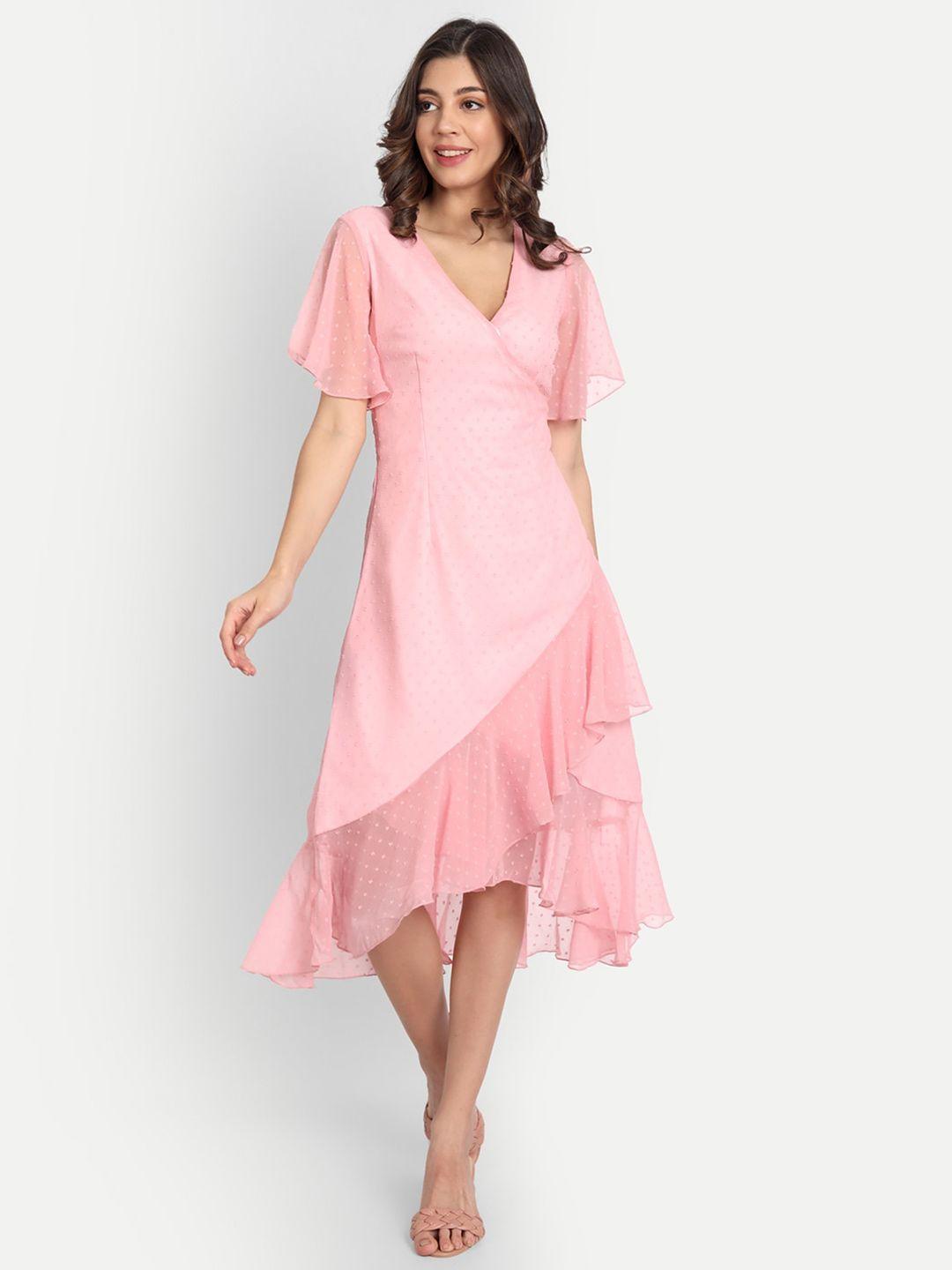 essque self design flared sleeves ruffled georgette midi wrap dress