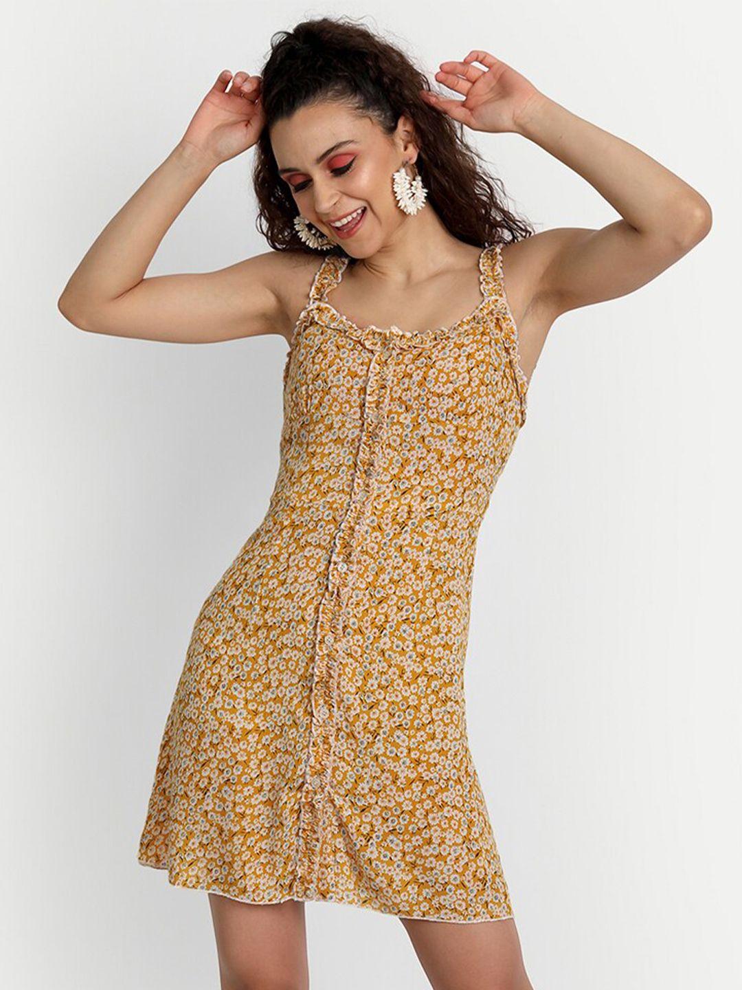 essque yellow & white floral printed a-line dress