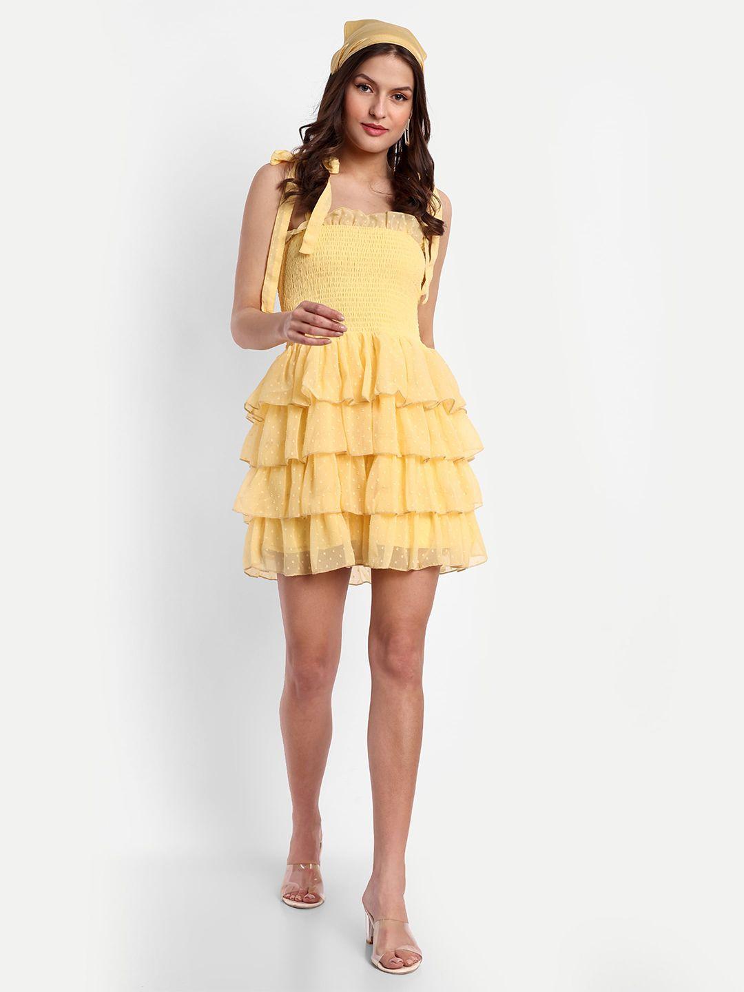essque yellow georgette fit & flare mini dress