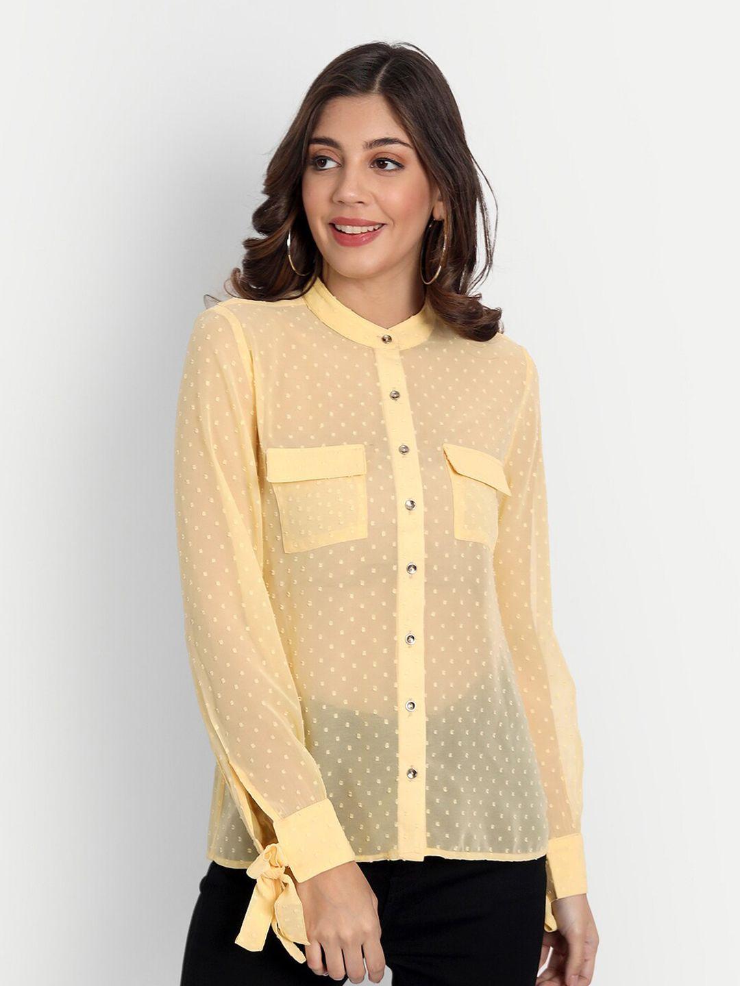 essque yellow mandarin collar georgette shirt style top