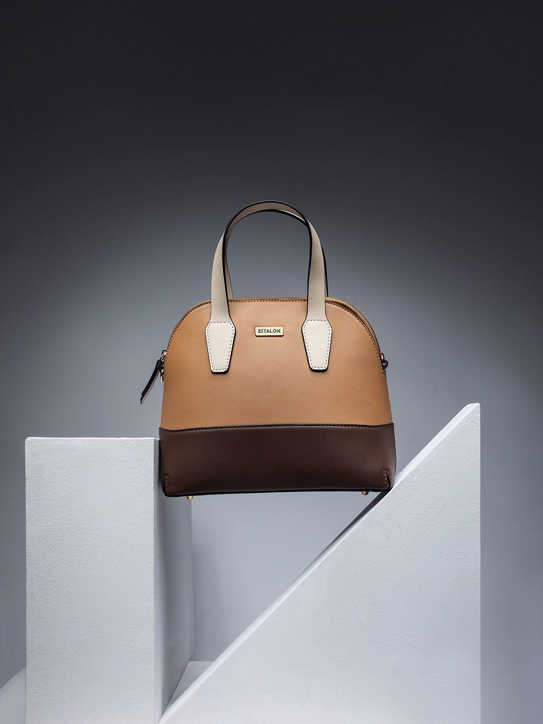 estalon beige & brown colourblocked structured handheld bag