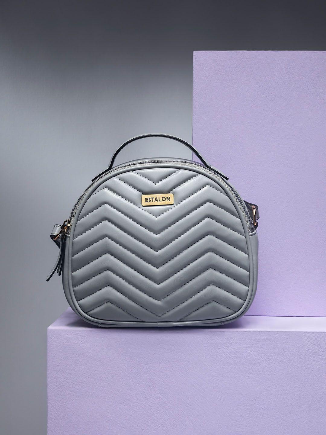 estalon grey pu structured round sling bag with chevron quilted