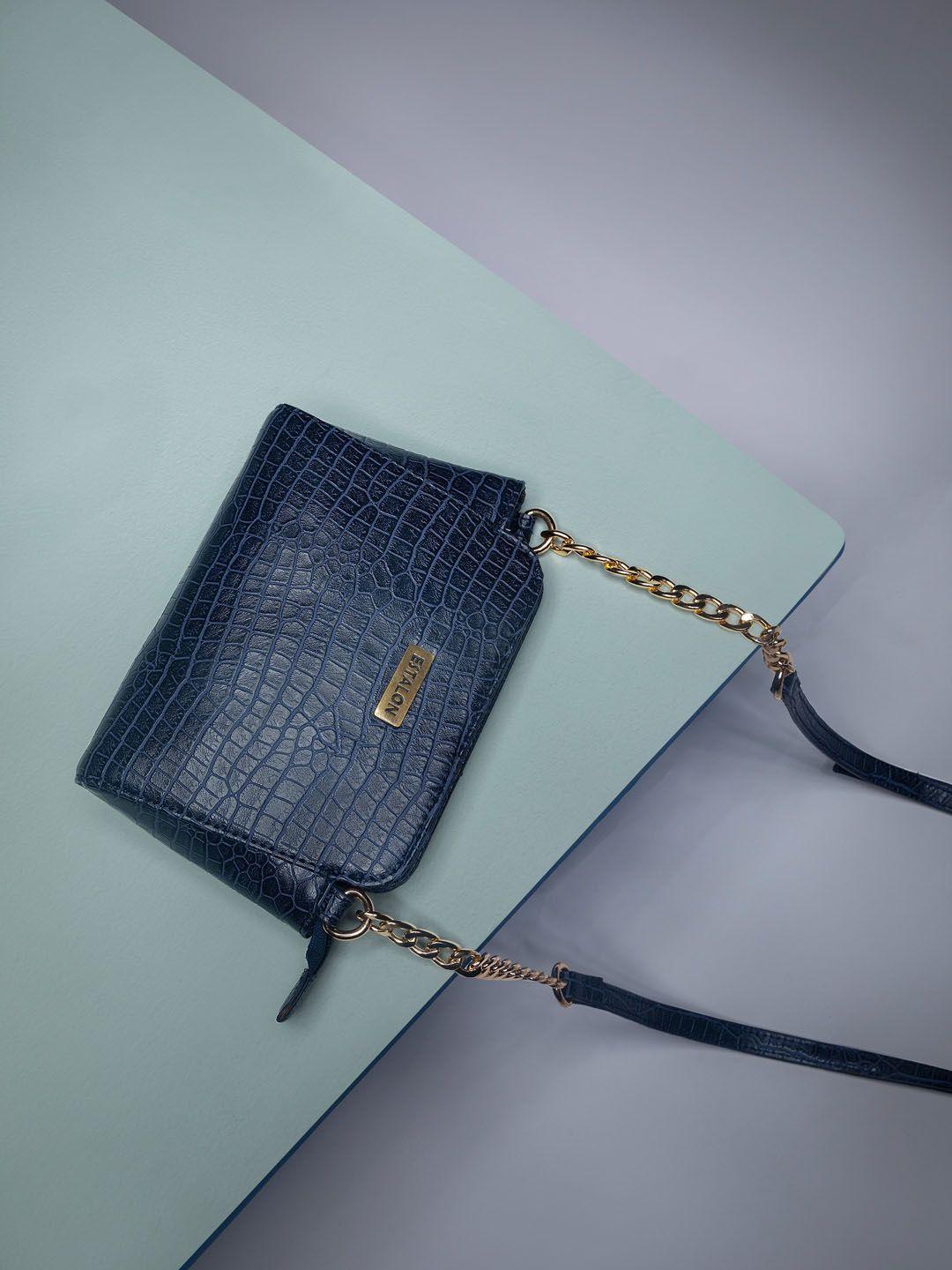 estalon navy blue textured structured shoulder bag with chain strap
