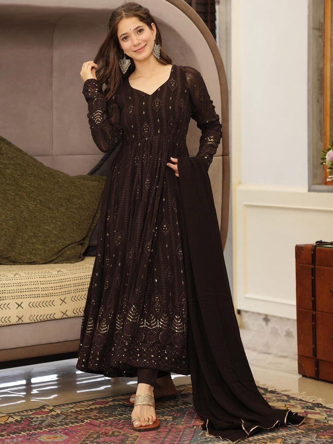 estela floral embroidered pleated sequinned kurta with trousers & dupatta
