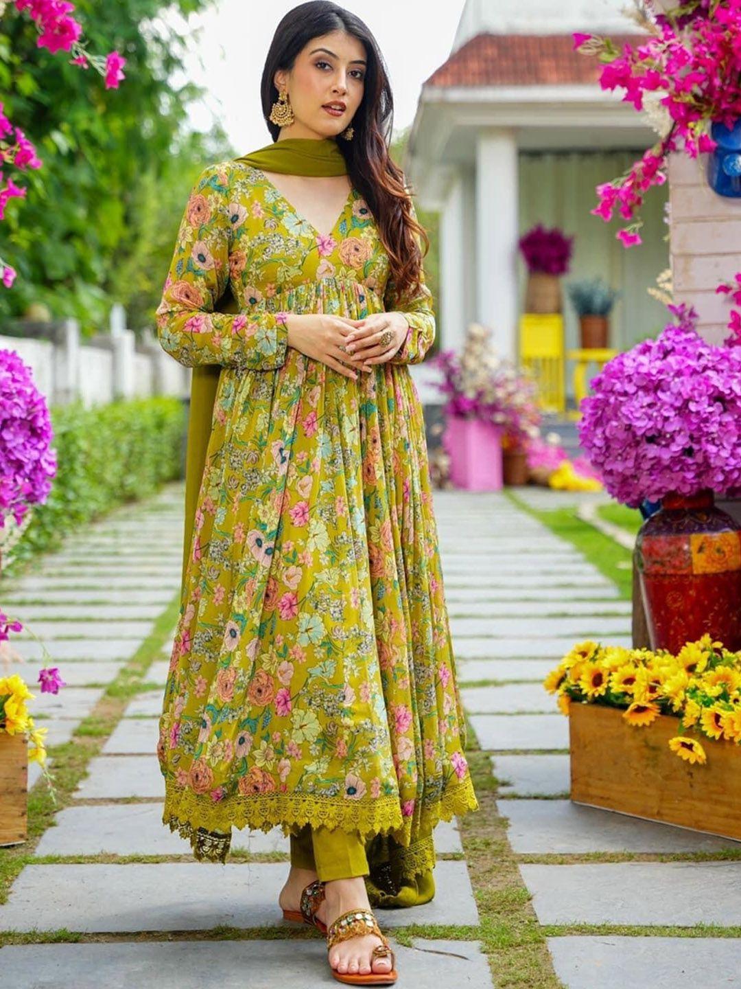 estela floral printed anarkali kurta with trousers & dupatta