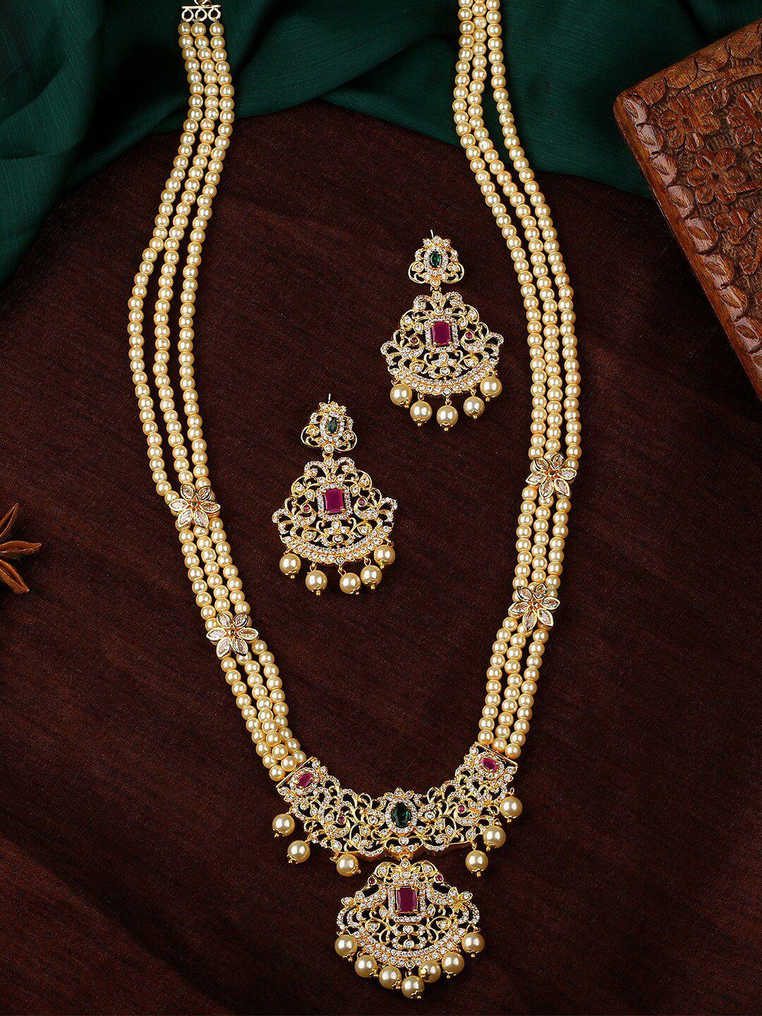 estele gold-plated & toned pink & green cz stones studded jewellery set