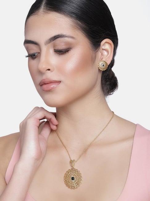 estele gold-plated black enamel pendant & earring set for women