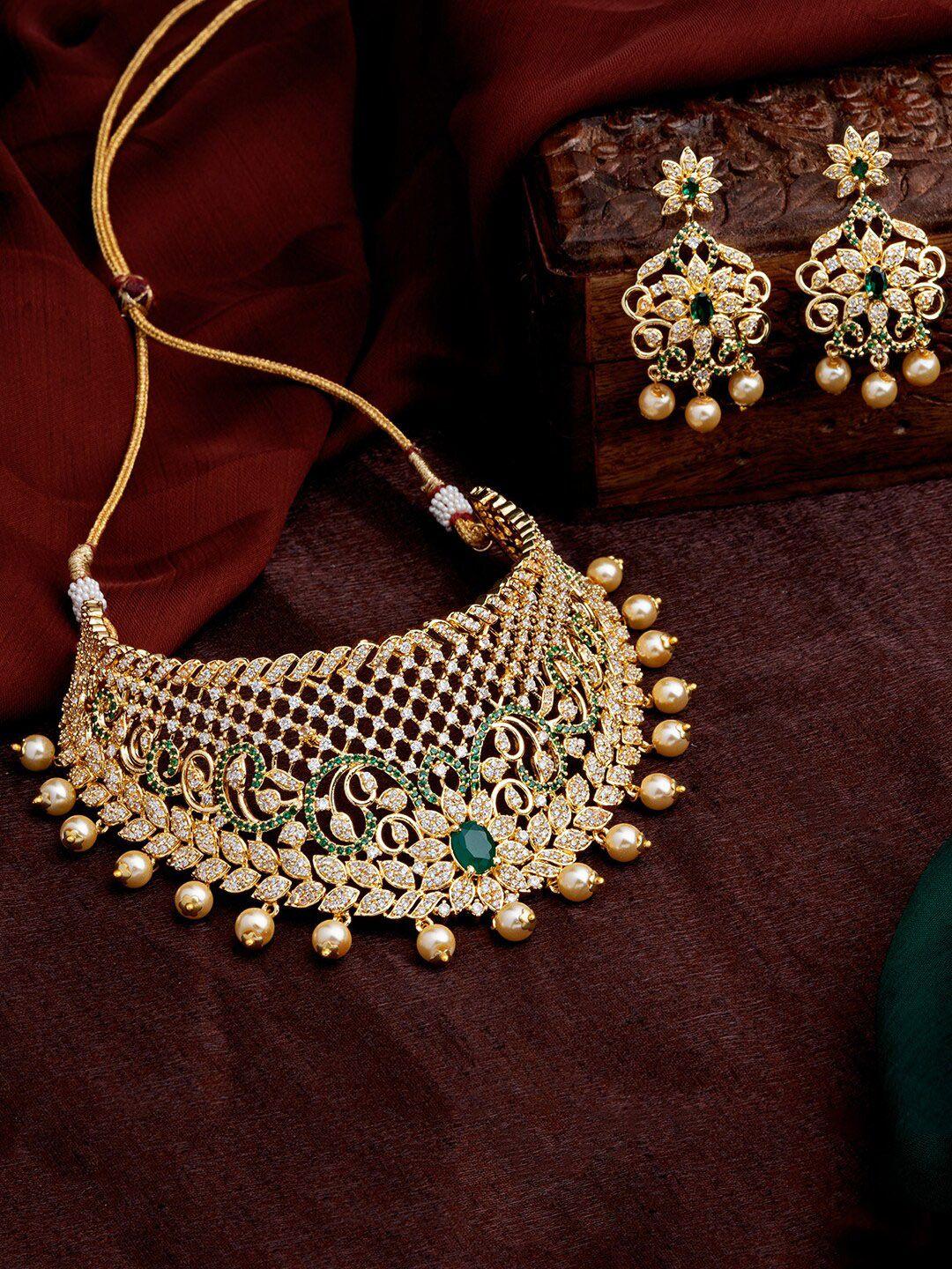 estele gold-plated green & white cz stone-studded jewellery set