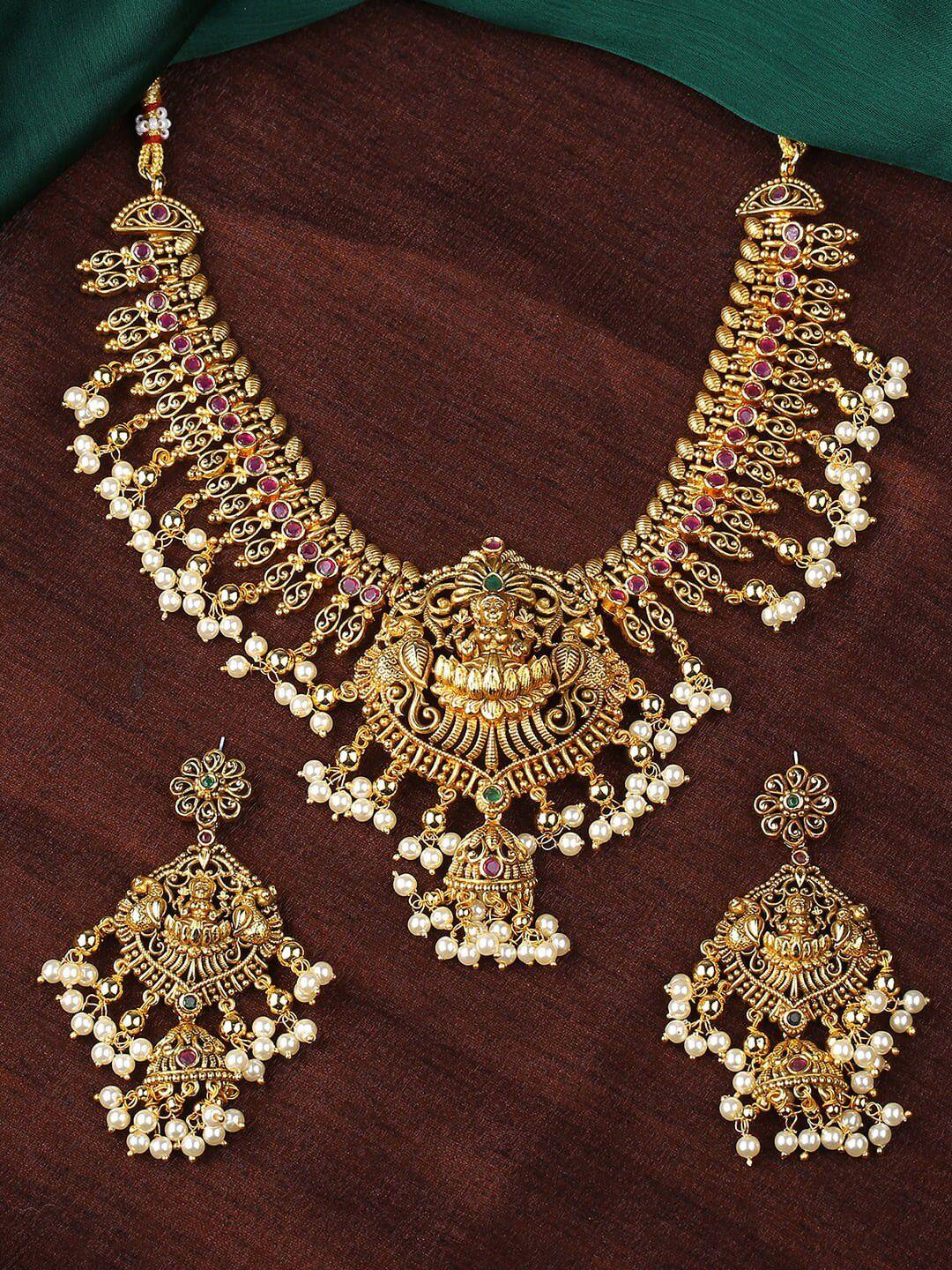 estele gold-plated pink & white stone-studded & beaded jewellery set
