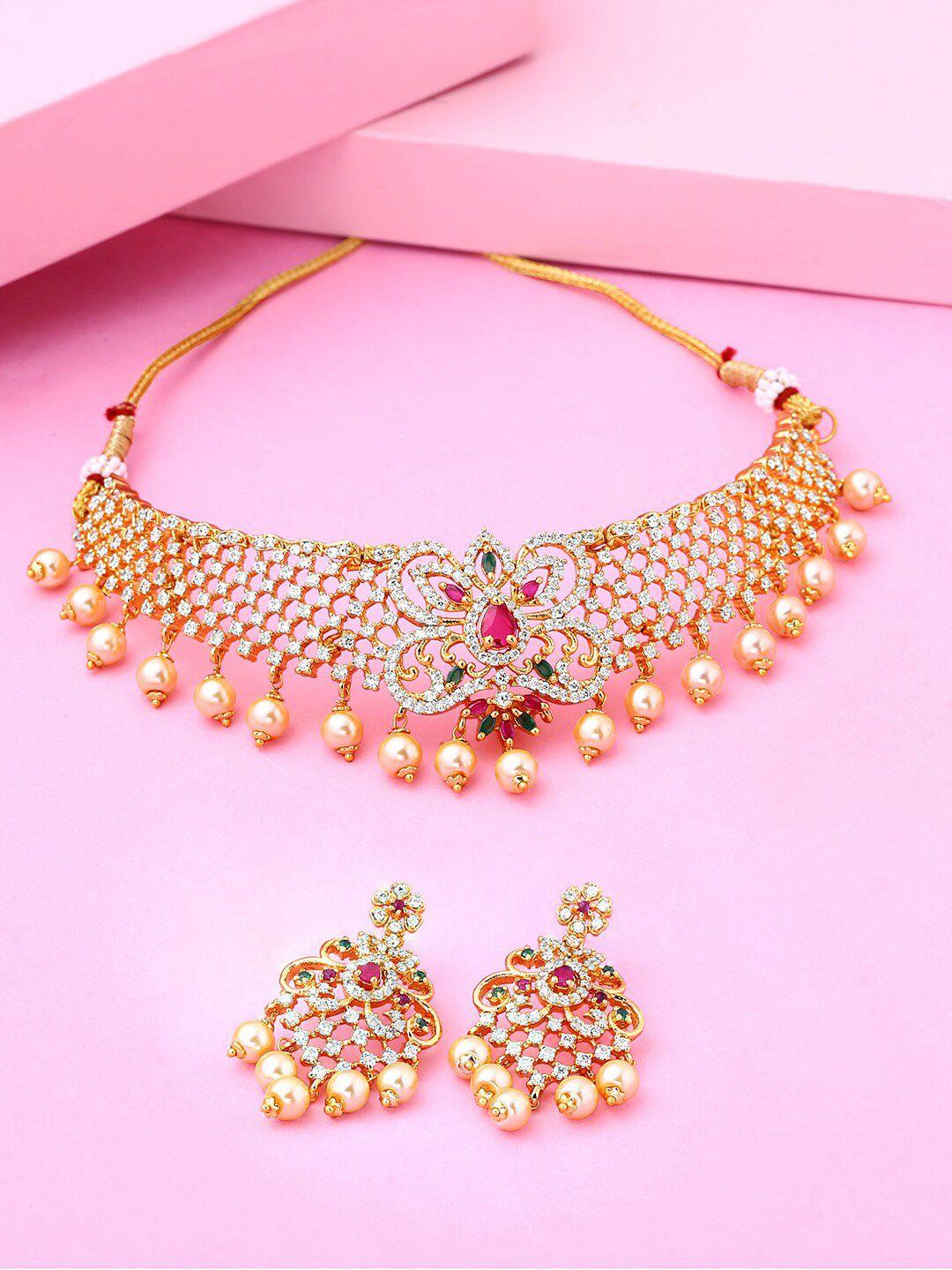 estele gold-plated white & pink cubic zirconia jewellery set