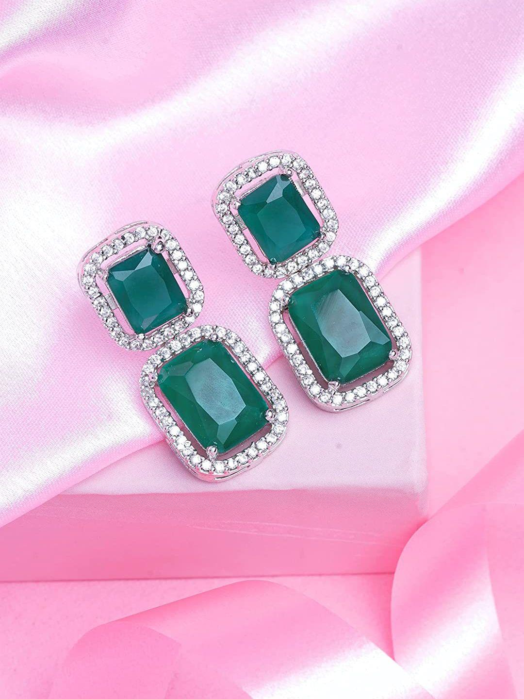 estele green & silver-toned geometric drop earrings