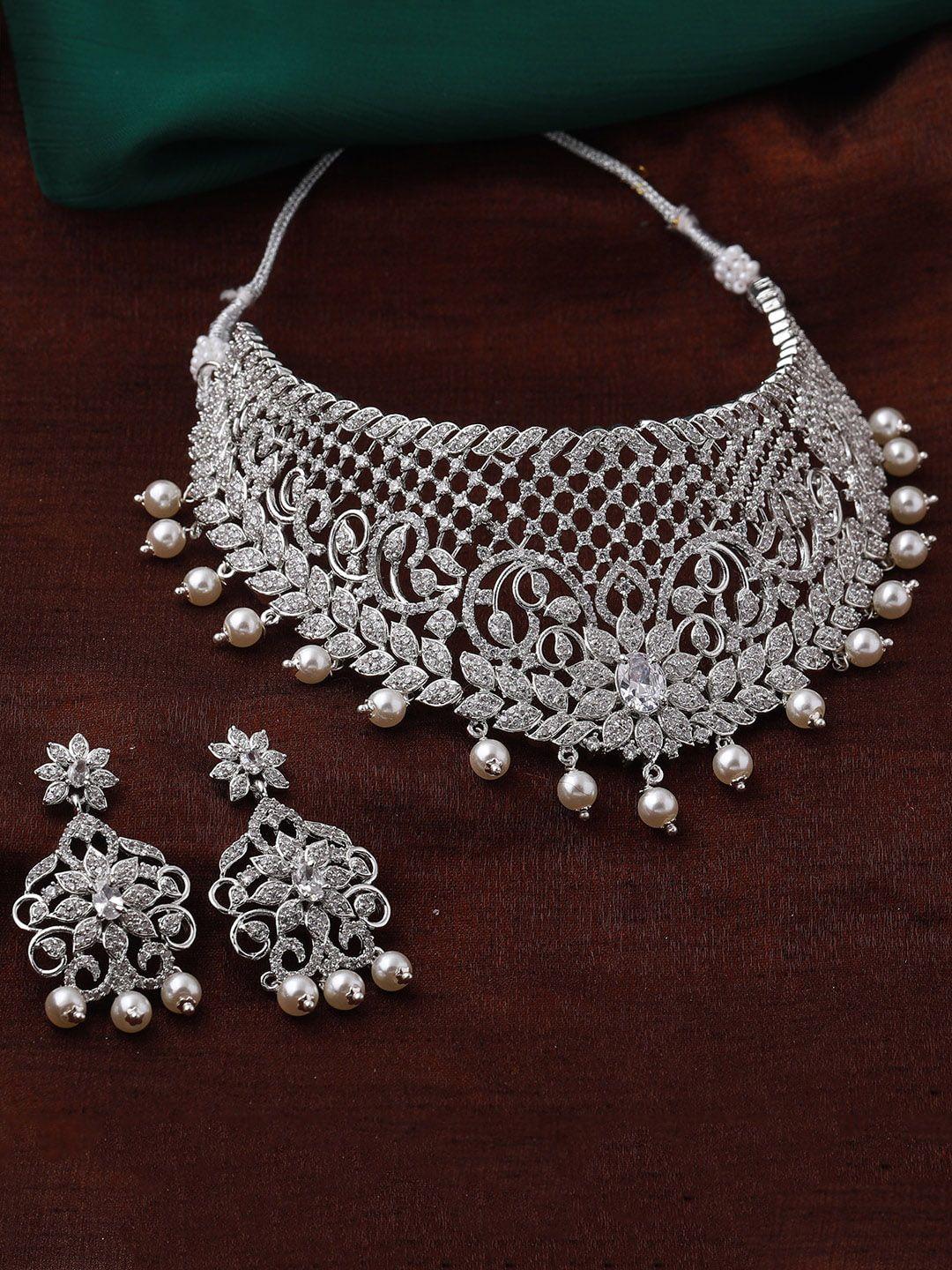 estele rhodium-plated silver-toned cz-studded & beaded jewellery set