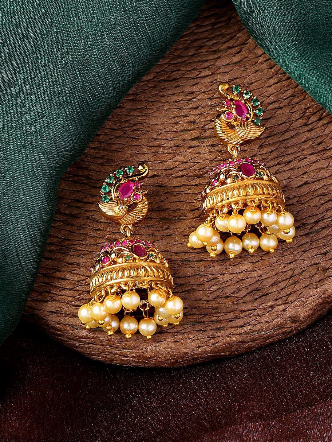 estele gold-plated cubic zirconia peacock shaped jhumkas earrings