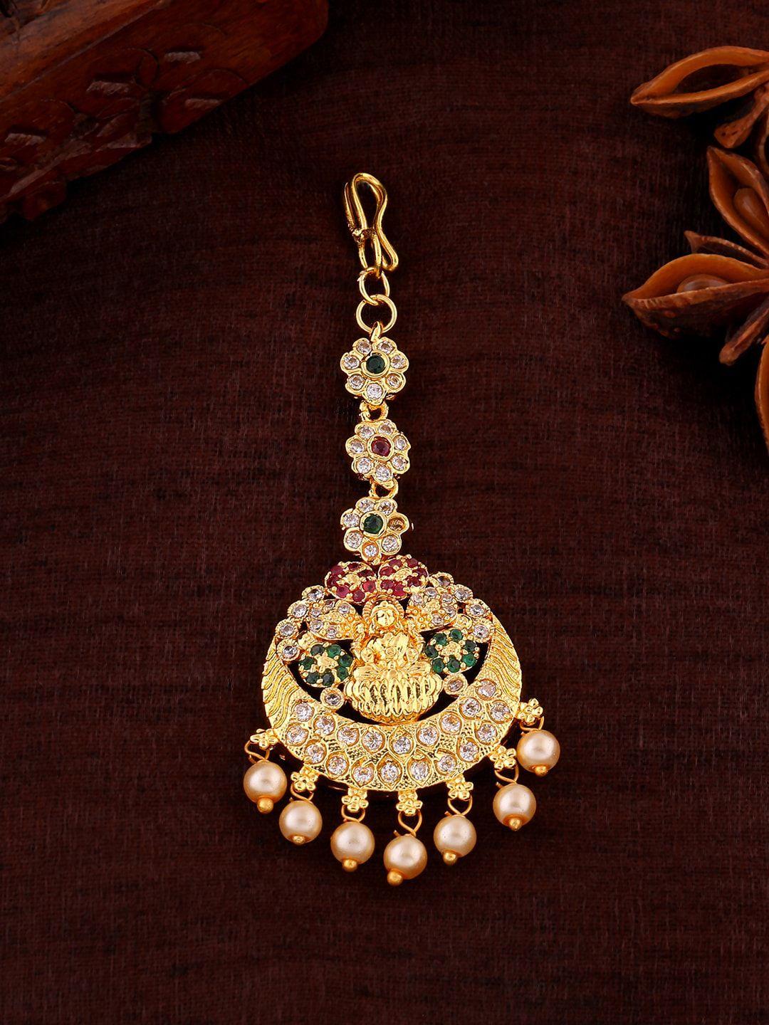 estele gold-plated cz stone-studded & beaded maang tikka