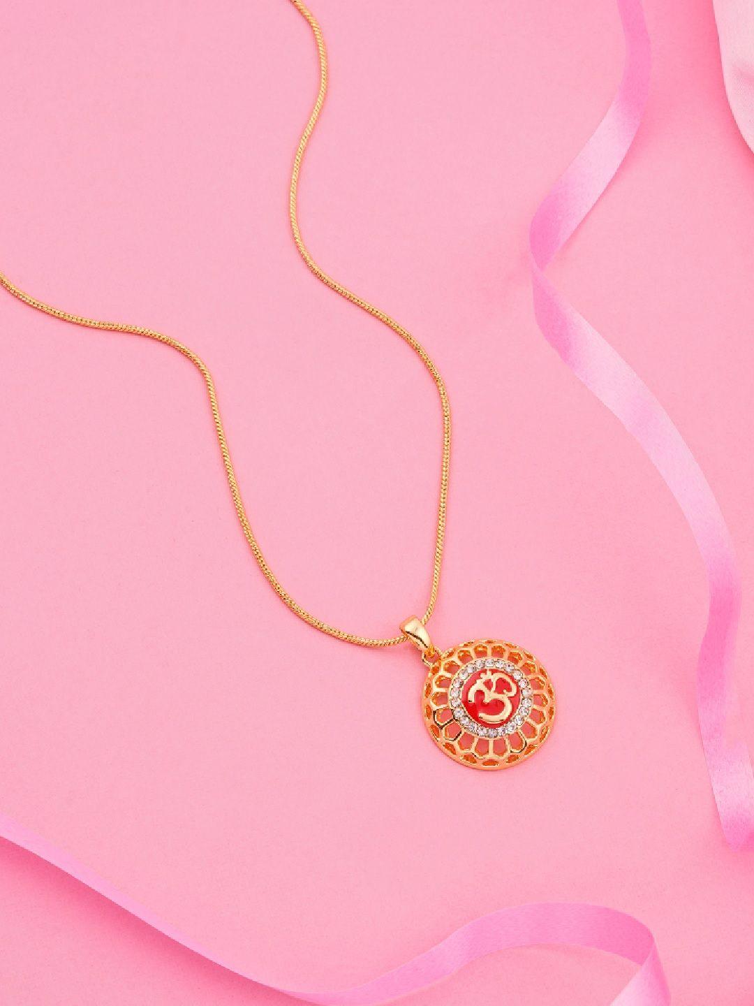 estele gold-plated red enamel stone-studded om motif handcrafted sustainable necklace