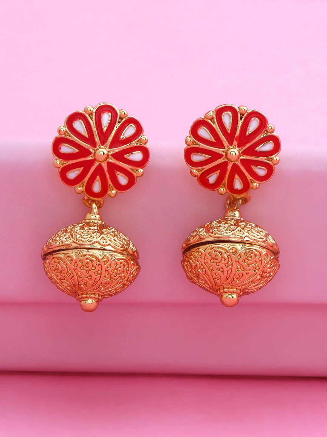 estele red & gold-toned floral drop earrings