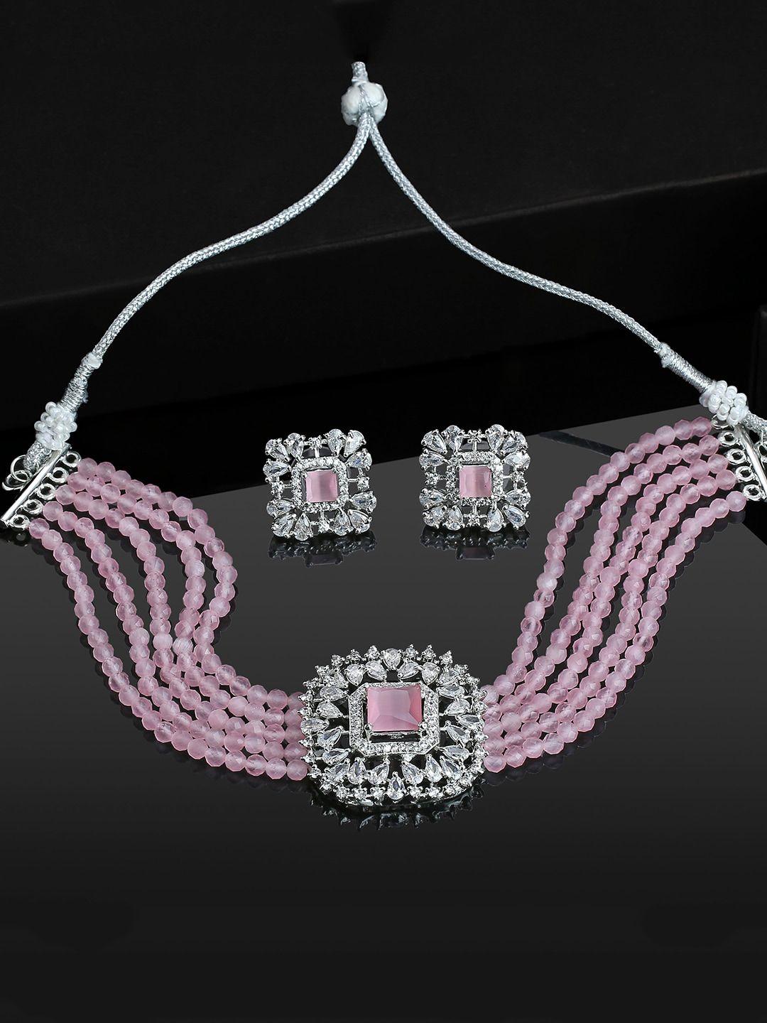 estele rhodium-plated cz-studded & beaded layered jewellery set