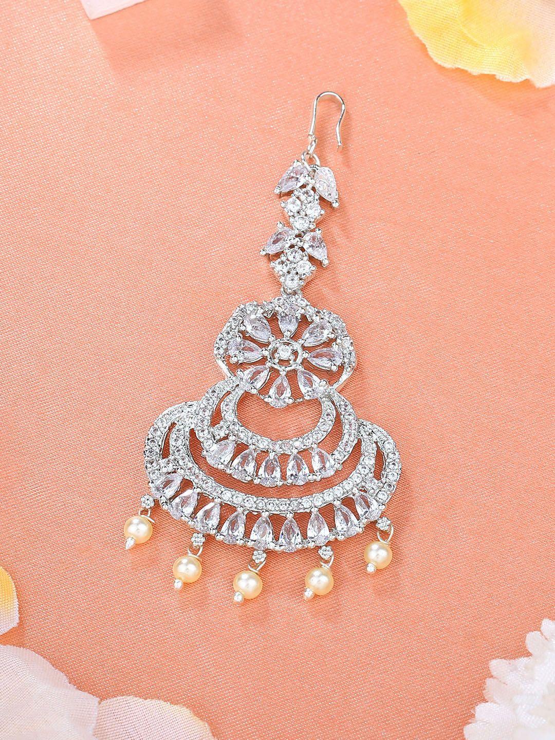 estele rhodium-plated cz-studded & beaded maang tika