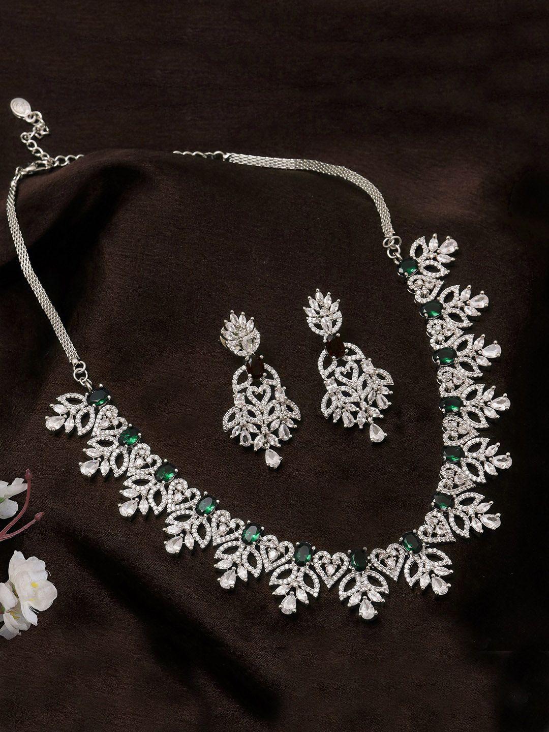 estele rhodium-plated silver-toned white & green cz-studded jewellery set