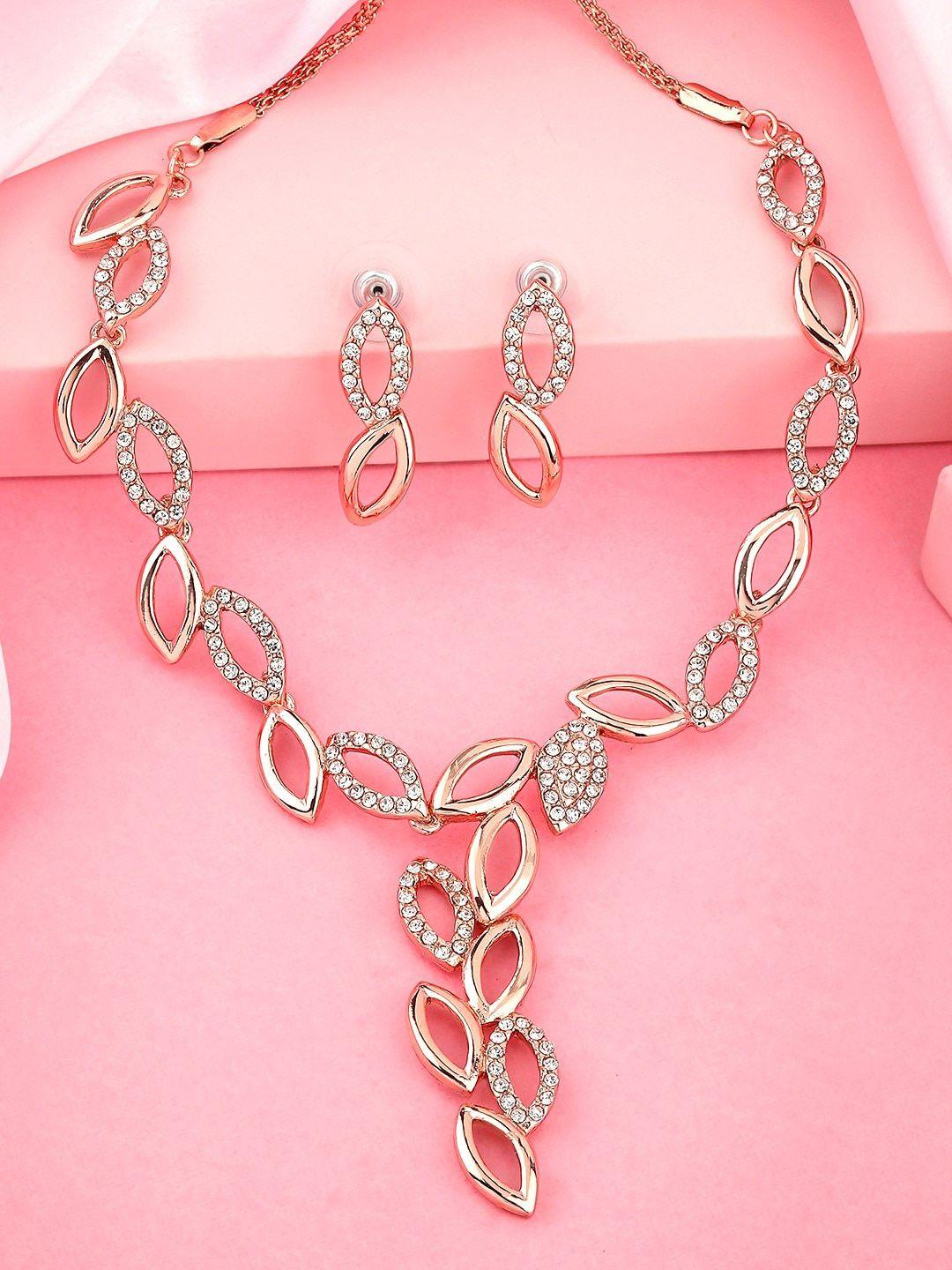 estele rose gold-plated leaf design crystal studded jewellery set