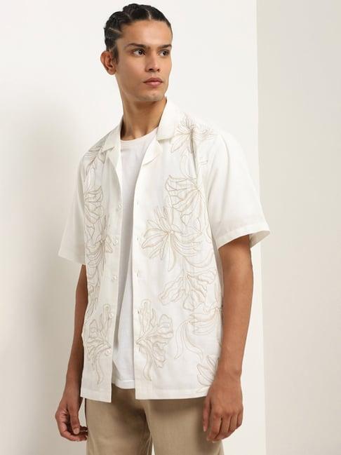 eta by westside beige floral embroidered relaxed-fit cotton blend shirt