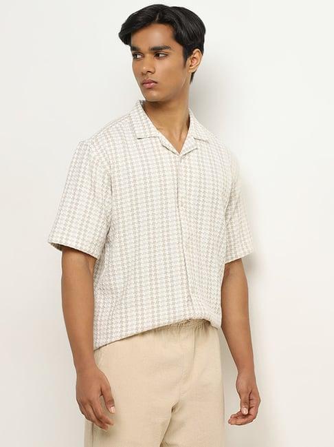 eta by westside beige houndstooth design relaxed-fit cotton shirt