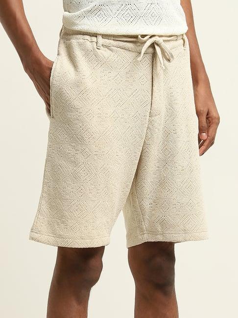 eta by westside beige knit-textured relaxed-fit mid-rise shorts