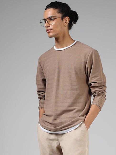 eta by westside beige stripe-textured slim fit t-shirt