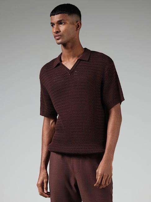 eta by westside brown knitted mesh slim fit t-shirt