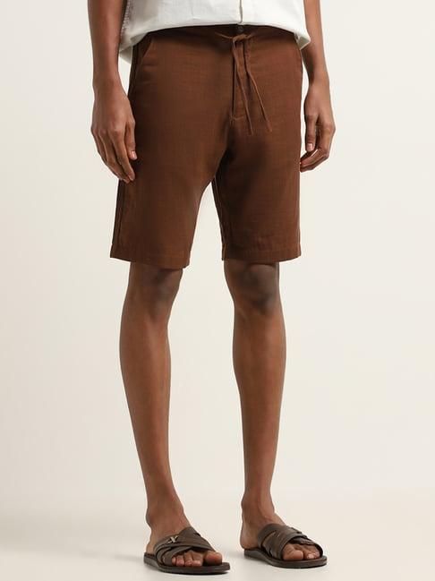 eta by westside brown solid mid rise slim fit shorts