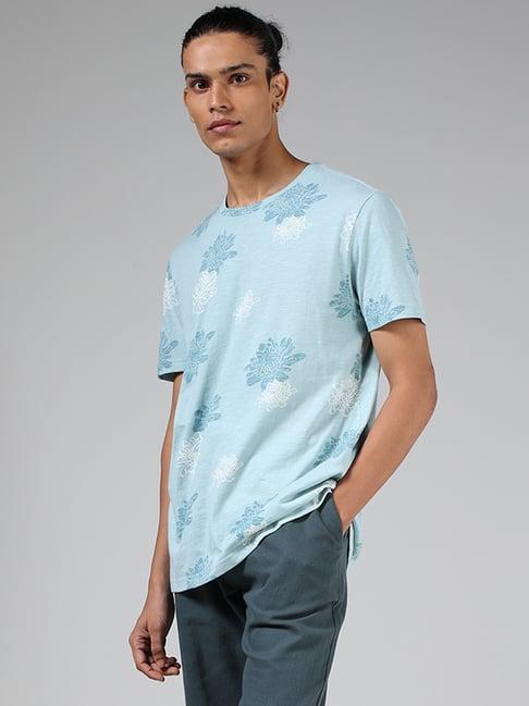 eta by westside light teal floral printed slim fit t-shirt