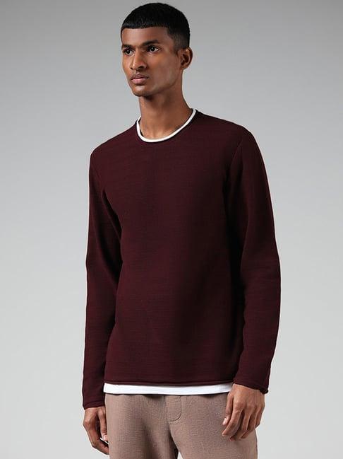 eta by westside maroon self striped slim fit t-shirt