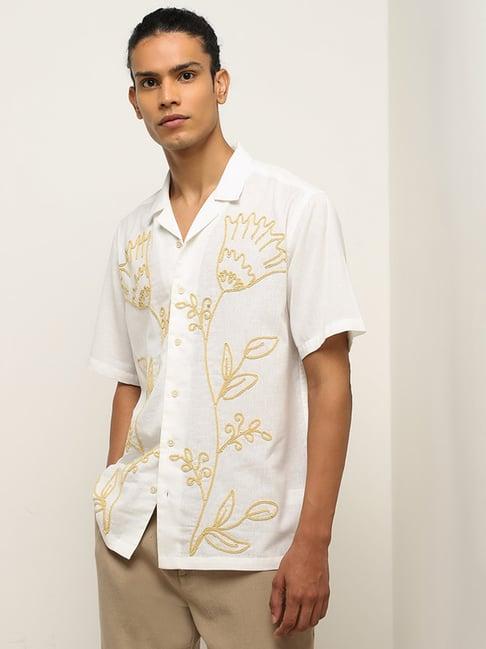 eta by westside off-white embroidered relaxed-fit cotton blend shirt