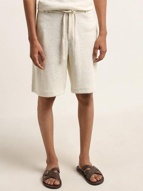 eta by westside off-white knit-textured relaxed-fit mid-rise shorts