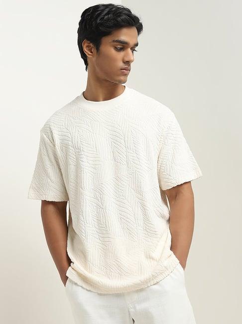 eta by westside off-white self-textured relaxed-fit cotton t-shirt