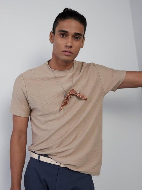 eta by westside taupe self-textured slim-fit t-shirt