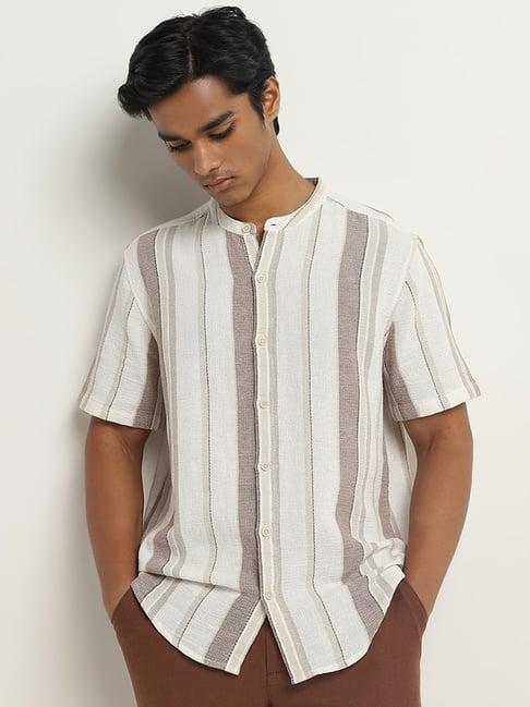 eta by westside taupe stripe printed resort-fit cotton shirt