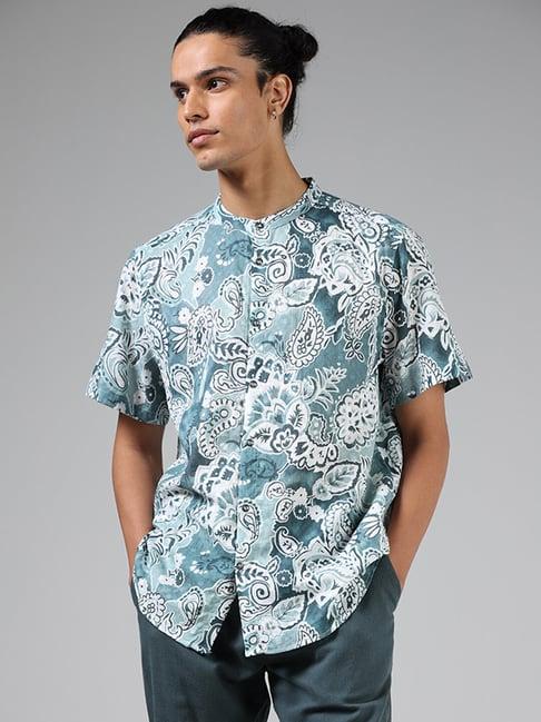 eta by westside teal blue paisley floral printed relaxed fit shirt