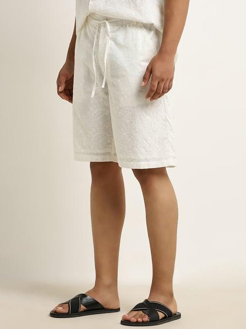 eta by westside white embroidered mid-rise relaxed-fit cotton shorts