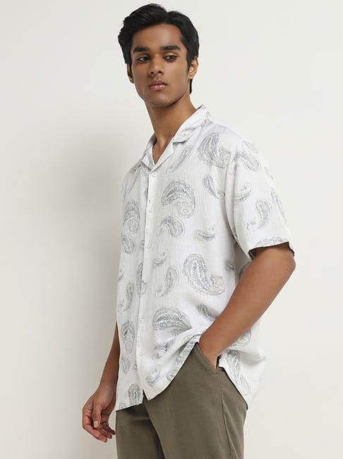 eta by westside white paisley printed relaxed-fit blended linen shirt