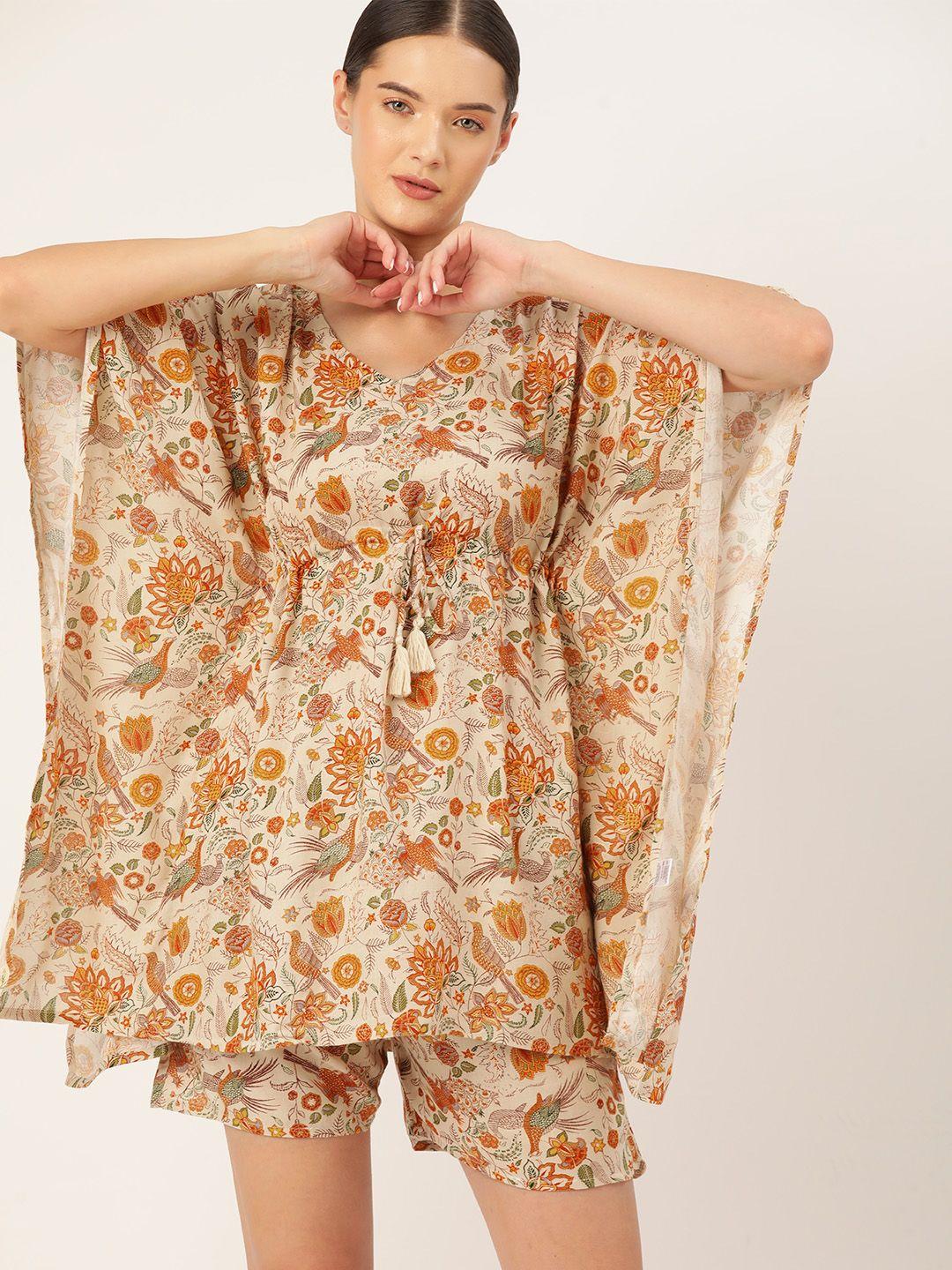 etc women floral printed pure cotton kaftan night suit