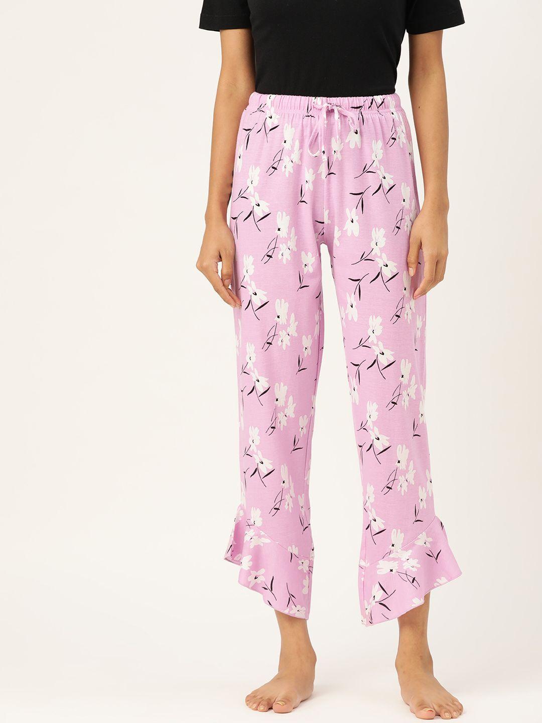 etc women lavender & white floral print pure cotton lounge pants